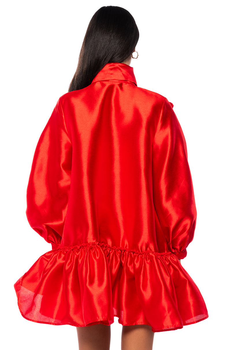Detail View Puff Sleeve Drop Waist Mini Dress In Red