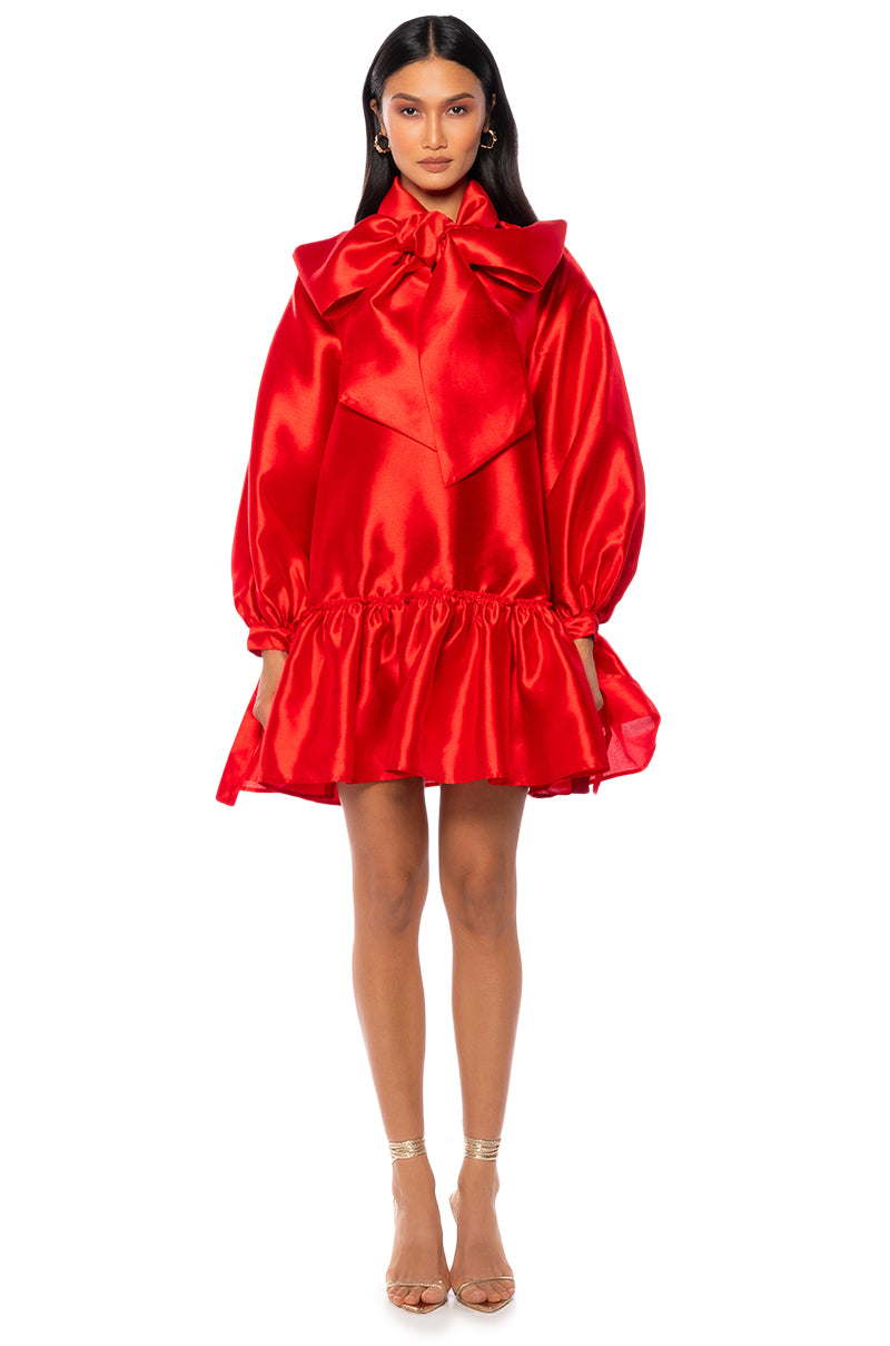 Extra View Puff Sleeve Drop Waist Mini Dress In Red