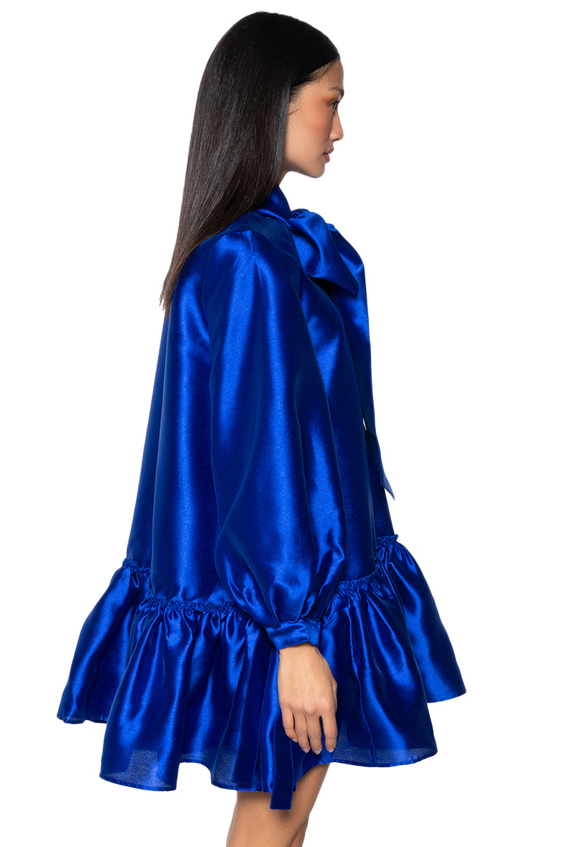 Full View Puff Sleeve Drop Waist Mini Dress In Royal Blue