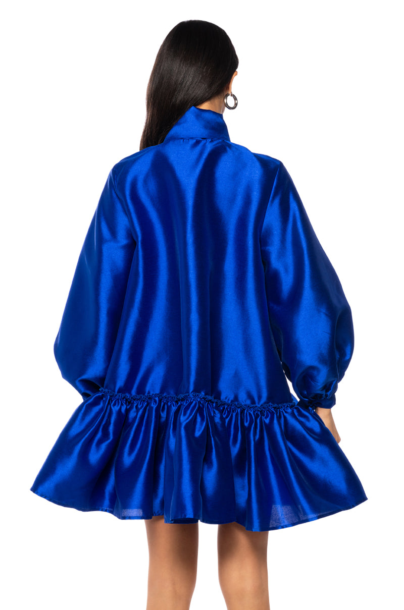 Detail View Puff Sleeve Drop Waist Mini Dress Royal Blue