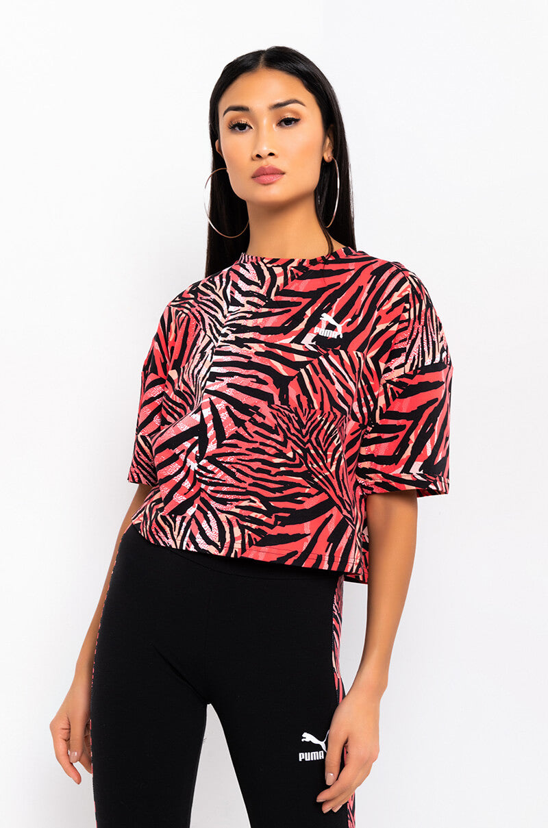 Front View Puma All Over Zebra Boyfriend Crop Tee in Black Multi