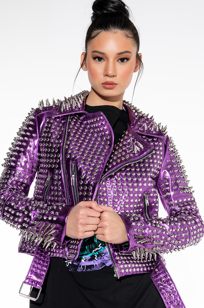 Front View Purple Dreams Studded Moto Jacket