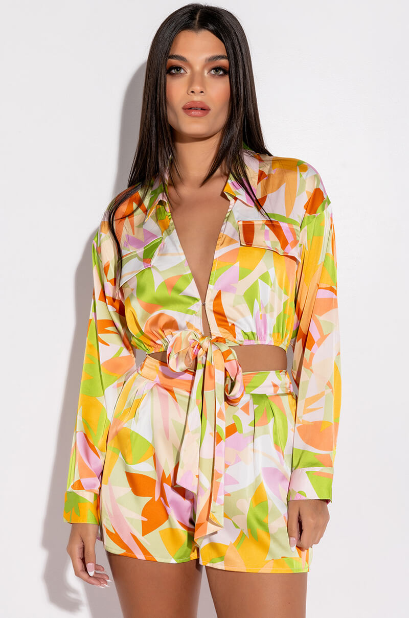 Side View Put In Work Tie Front Satin Cropped Blouse