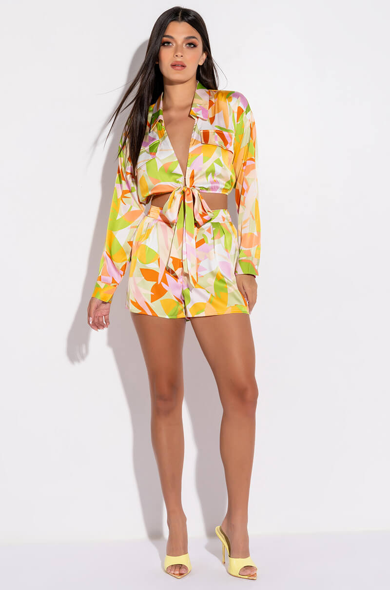 Back View Put In Work Tie Front Satin Cropped Blouse