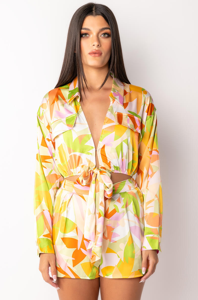 Detail View Put In Work Tie Front Satin Cropped Blouse