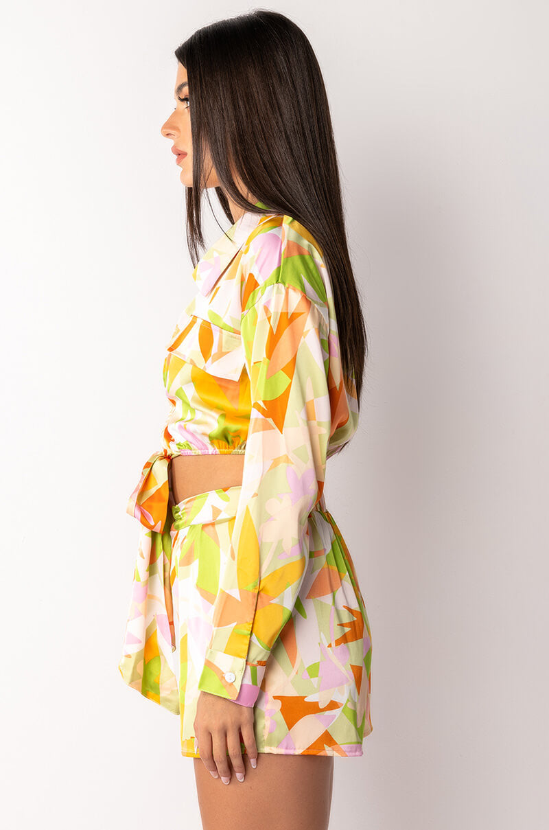 Full View Put In Work Tie Front Satin Cropped Blouse