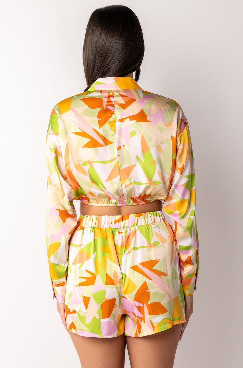 Extra View Put In Work Tie Front Satin Cropped Blouse