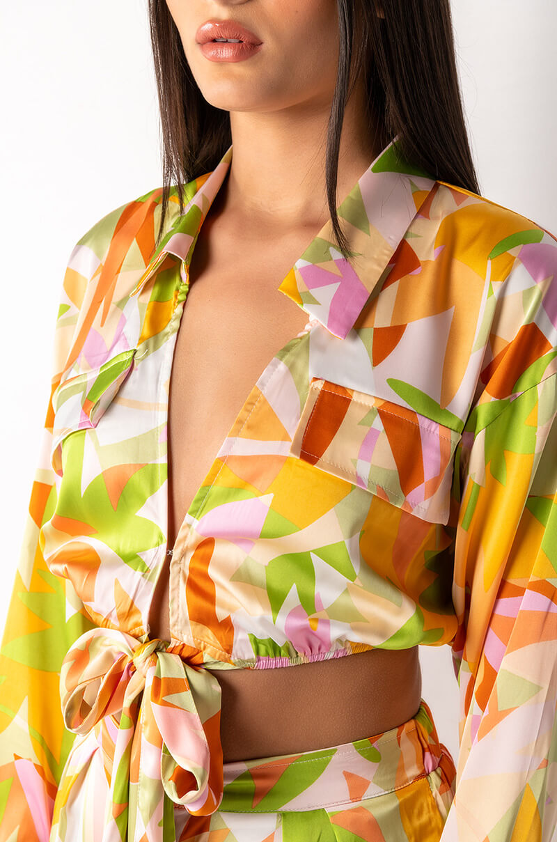 Extra View Put In Work Tie Front Satin Cropped Blouse