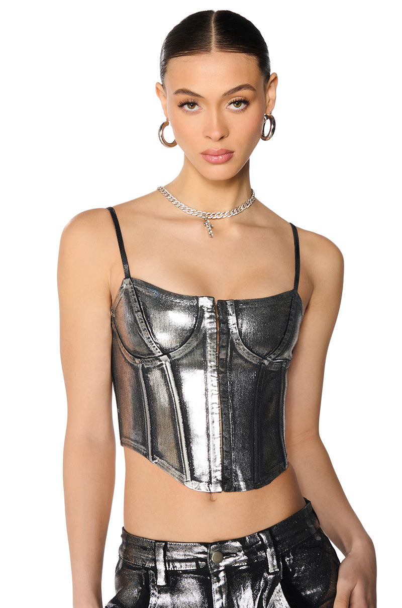 Front View Pyrite Metallic Coated Denim Corset