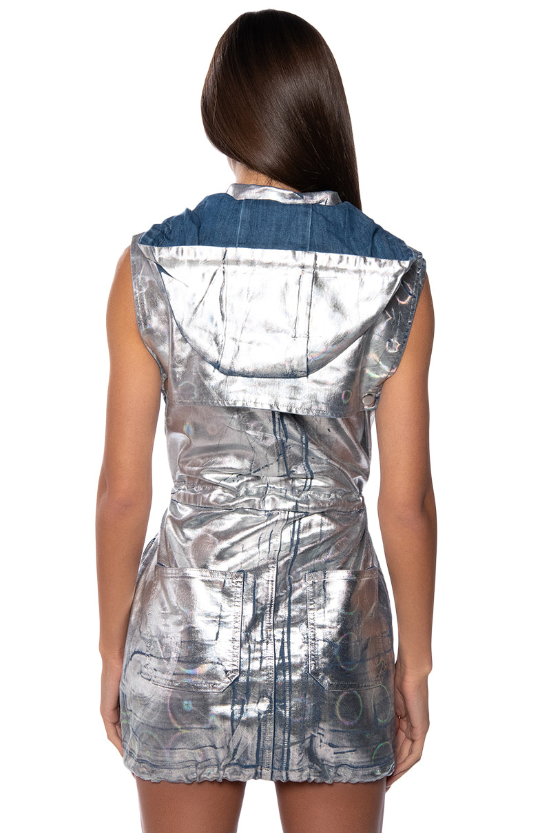 Detail View Quasar Foil Effect Denim Hoodie Mini Dress