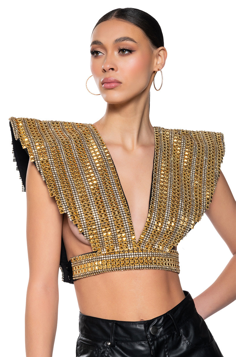 Front View Queen Of Everything Gold Embellished High Shoulder Top 0