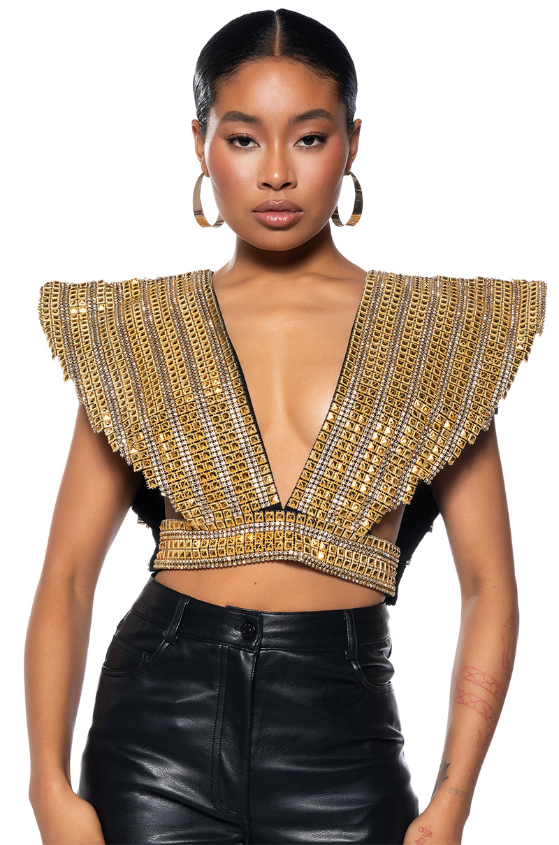 Front View Queen Of Everything Gold Embellished High Shoulder Top 8