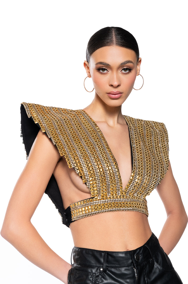 Side View Queen Of Everything Gold Embellished High Shoulder Top 1
