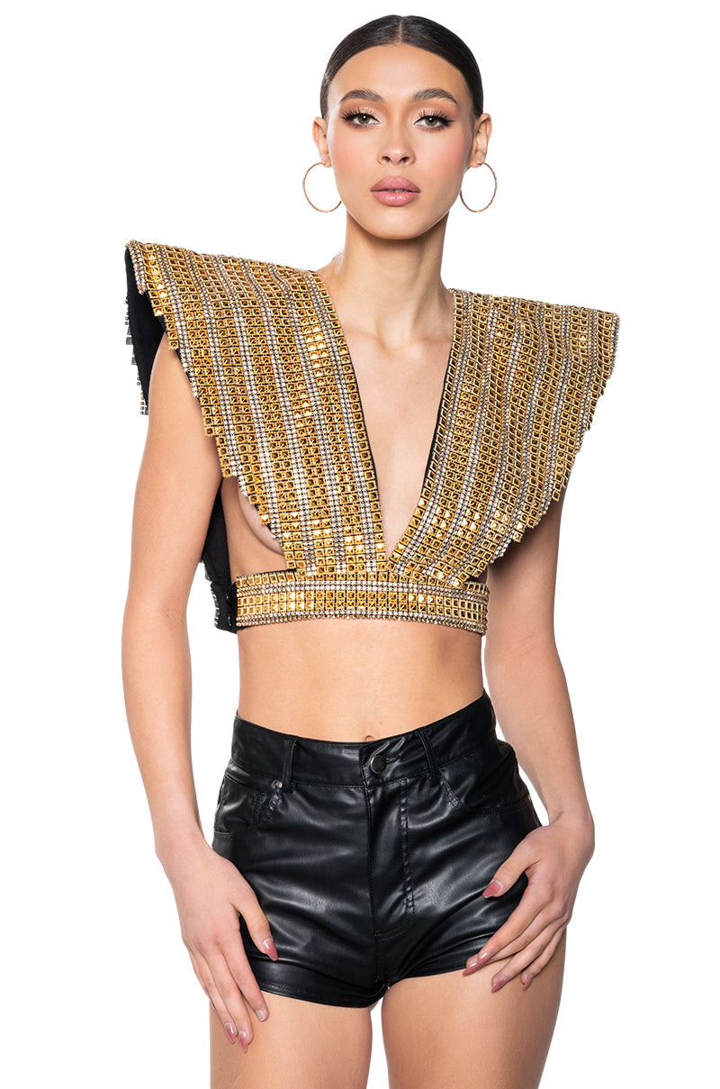 Back View Queen Of Everything Gold Embellished High Shoulder Top 2