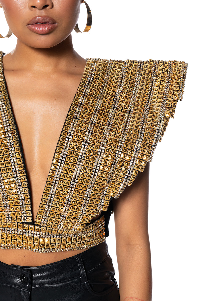 Extra View Queen Of Everything Gold Embellished High Shoulder Top 13