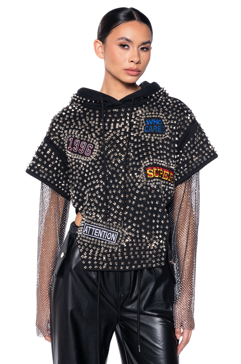 QUEEN OF HEARTBREAK STUDDED RHINESTONE SLEEVE SWEATSHIRT view 0