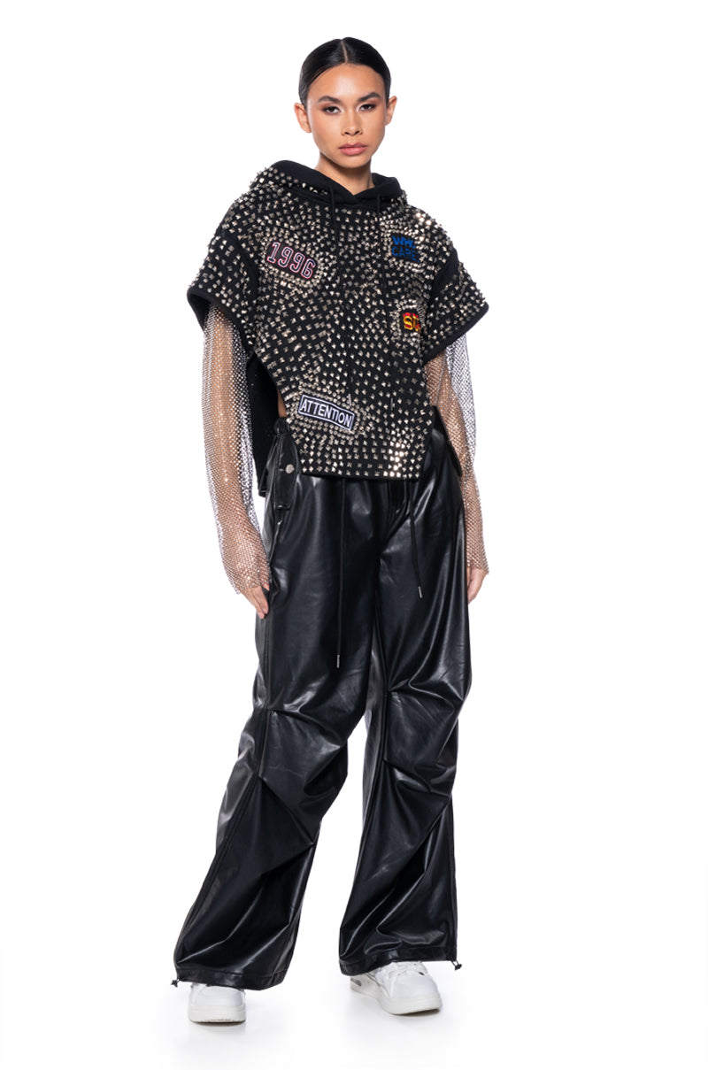 Side View Queen Of Heartbreak Studded Rhinestone Sleeve Sweatshirt