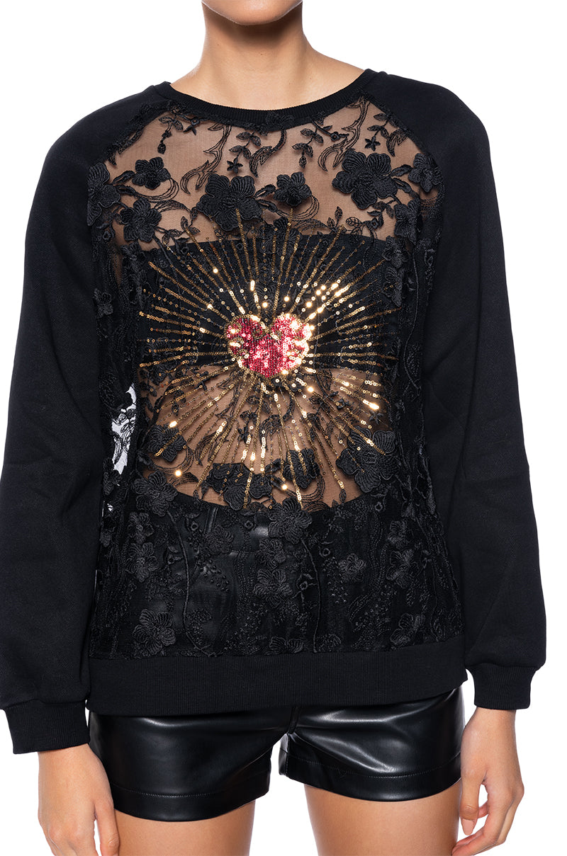 Extra View Queen Of Hearts Lace Detail Pullover Sweatshirt