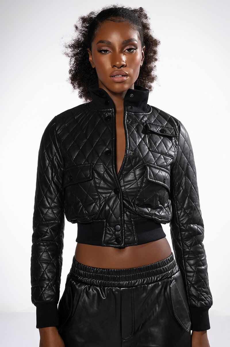 Side View Quilted Chocolate Pu Bomber