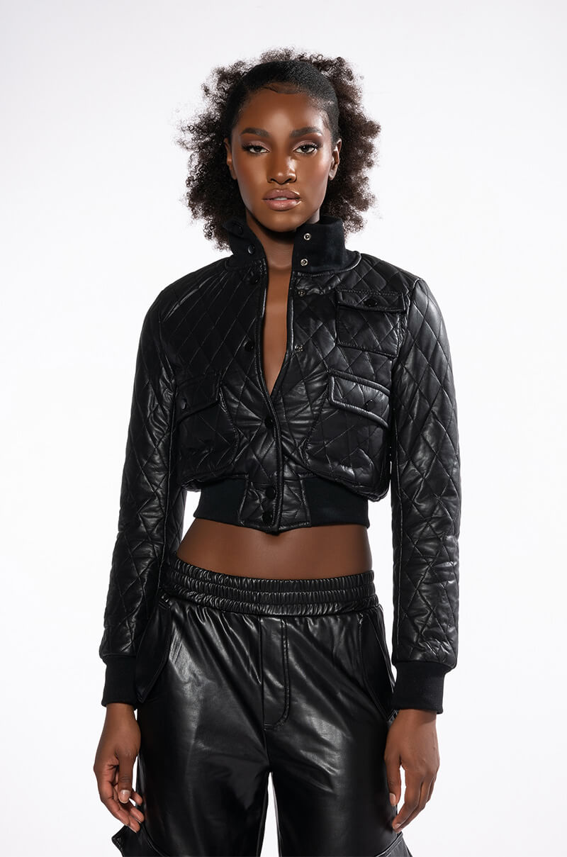 Detail View Quilted Chocolate Pu Bomber