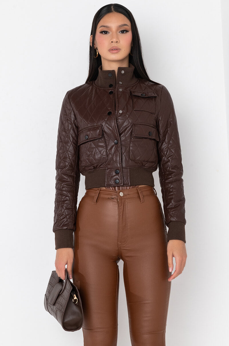 Detail View Quilted Chocolate Pu Bomber