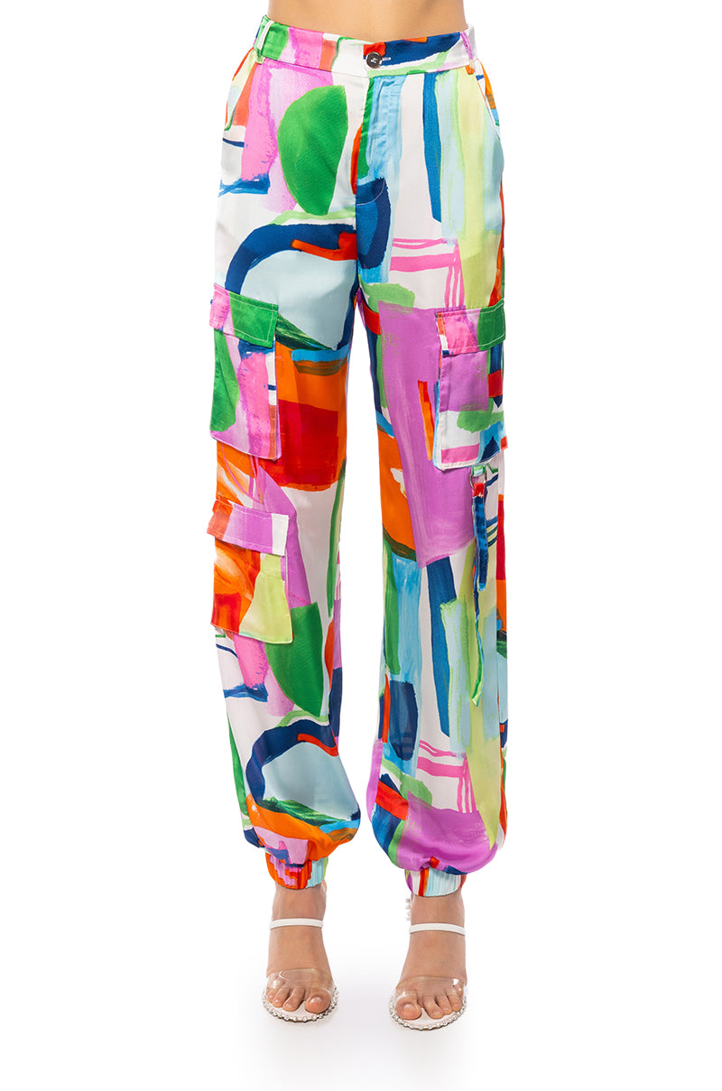 Detail View Quinn Abstract Print Satin Cargo Jogger
