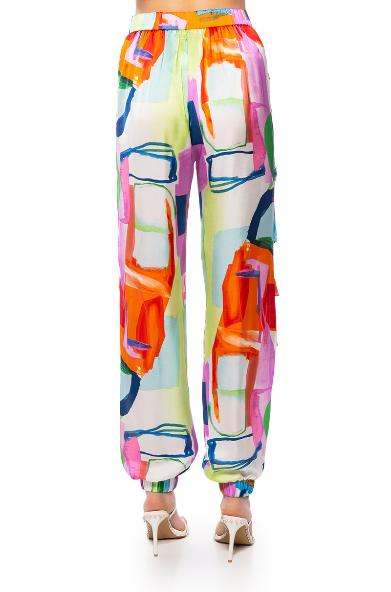 Extra View Quinn Abstract Print Satin Cargo Jogger