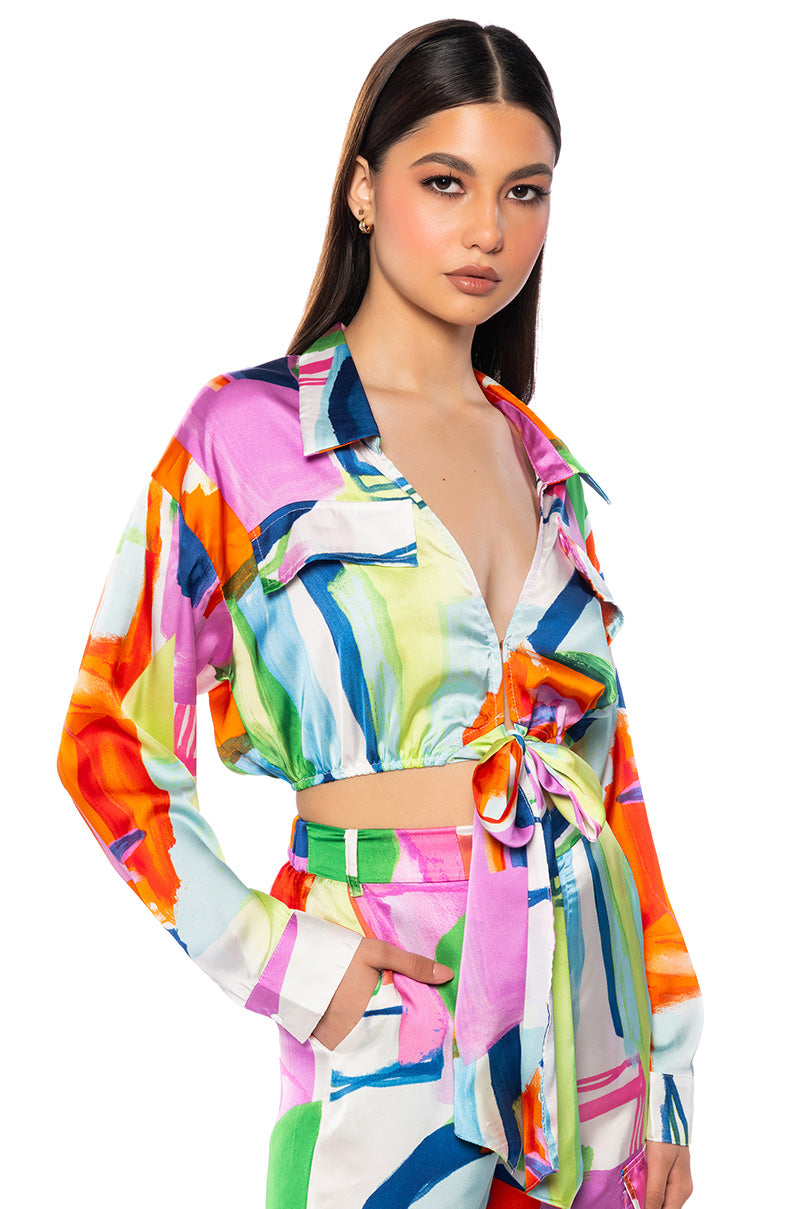 Front View Quinn Abstract Print Satin Tie Front Blouse
