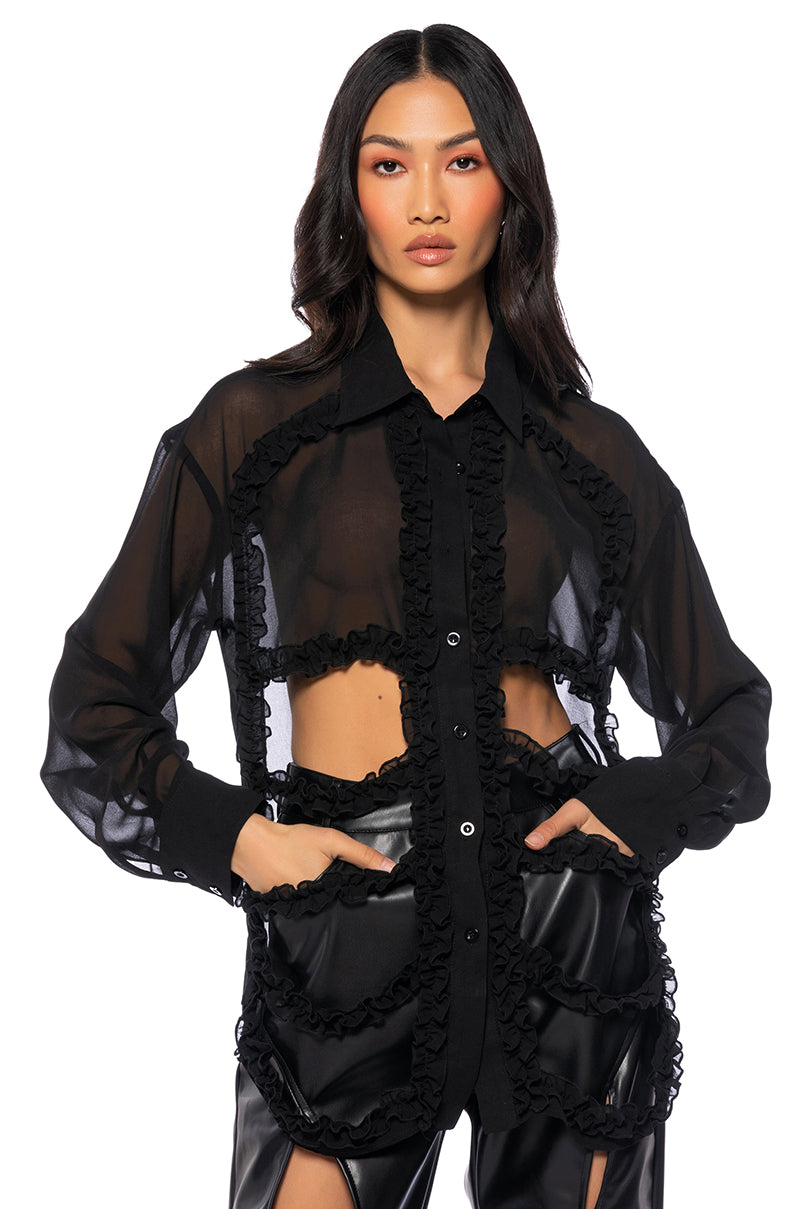 Front View Quinn Ruffled Cutout Button Down Blouse