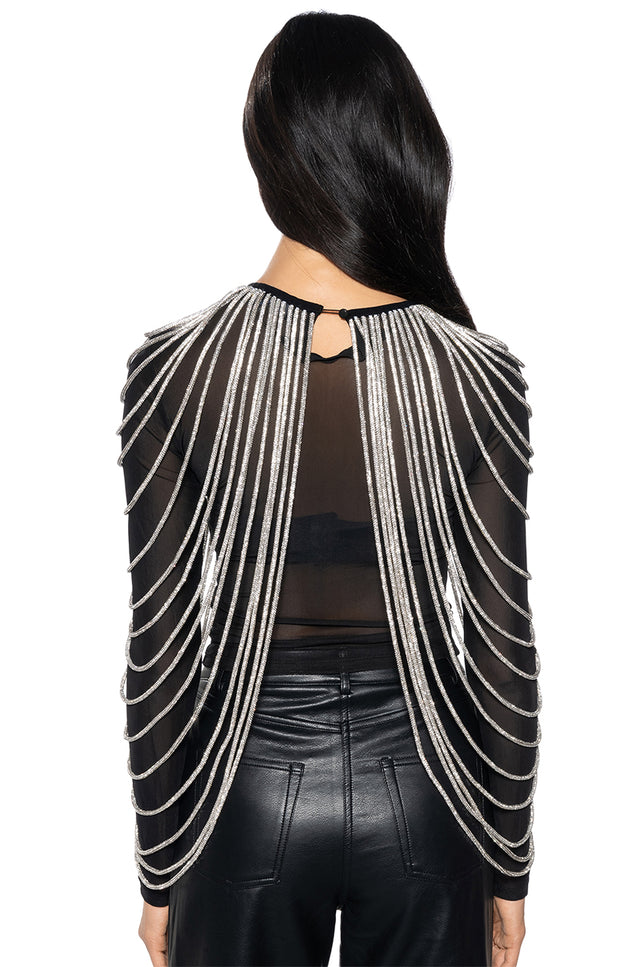 Rhinestone Embellished Mesh Long Sleeve Top