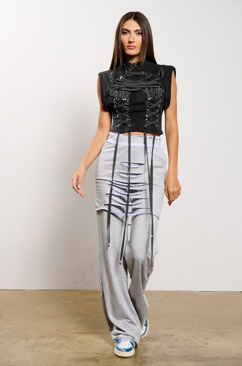 RAIN LAYERED SHREDDED SKIRT OVERLAY SWEATPANT – AKIRA