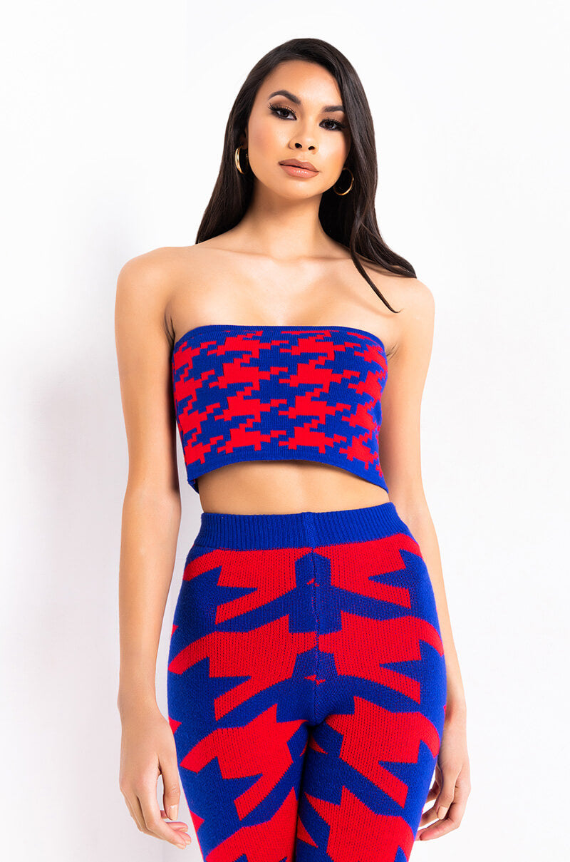Front View Rain On Me Houndstooth Tube Top in Red Multi