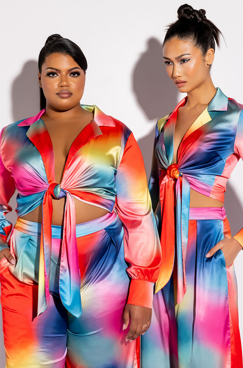 Front View Rainbow Connection Satin Tie Front Blouse