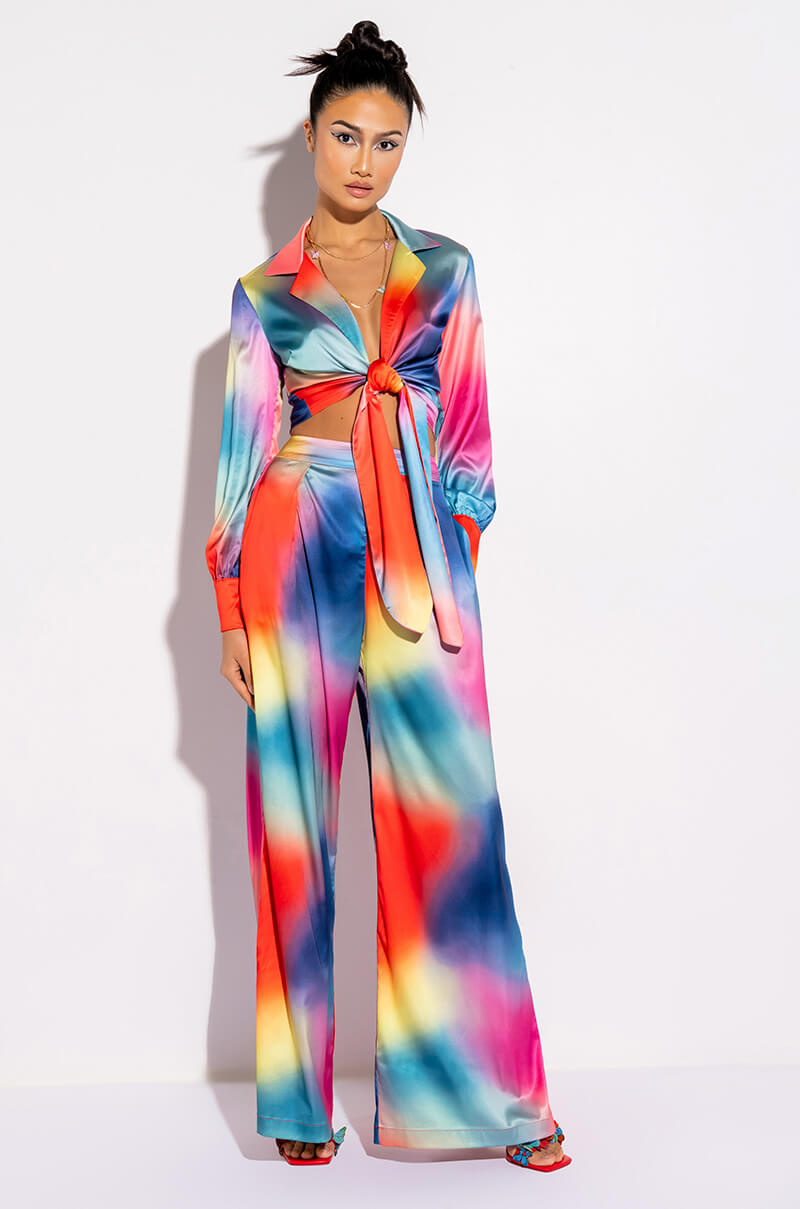 Side View Rainbow Connection Satin Wide Leg Trouser
