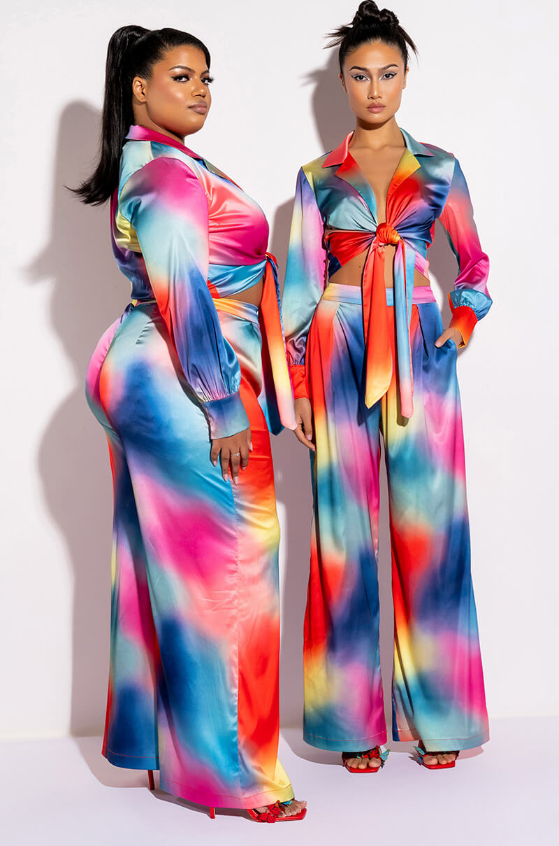 Detail View Rainbow Connection Satin Wide Leg Trouser