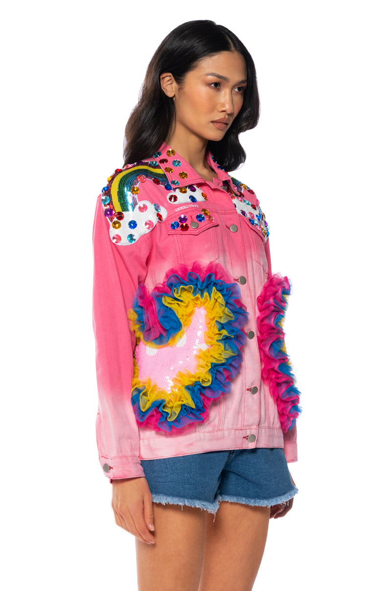 Side View Rainbow Road Embellished Ombre Denim Jacket