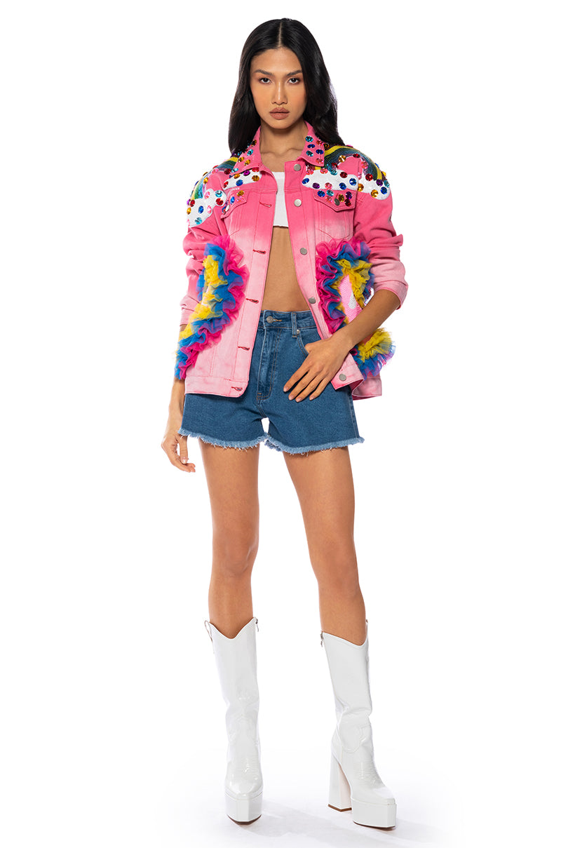 Back View Rainbow Road Embellished Ombre Denim Jacket
