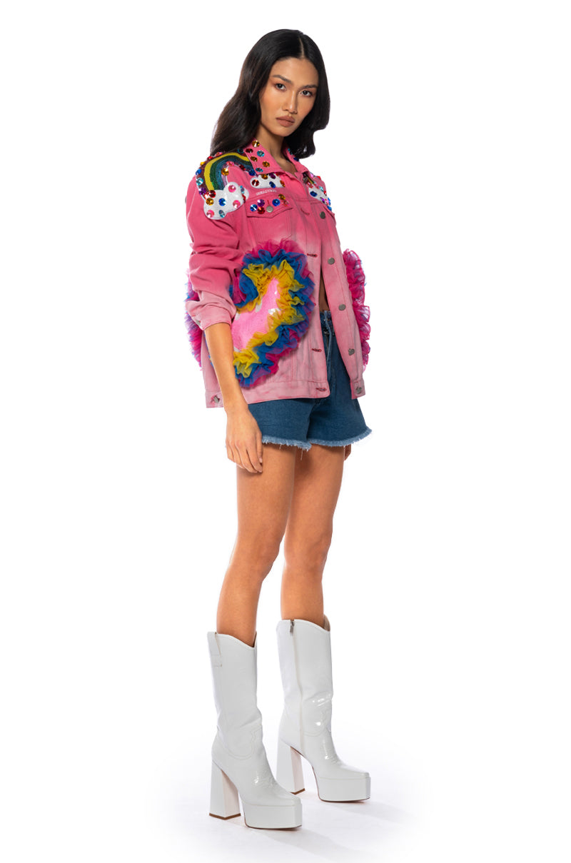 Detail View Rainbow Road Embellished Ombre Denim Jacket