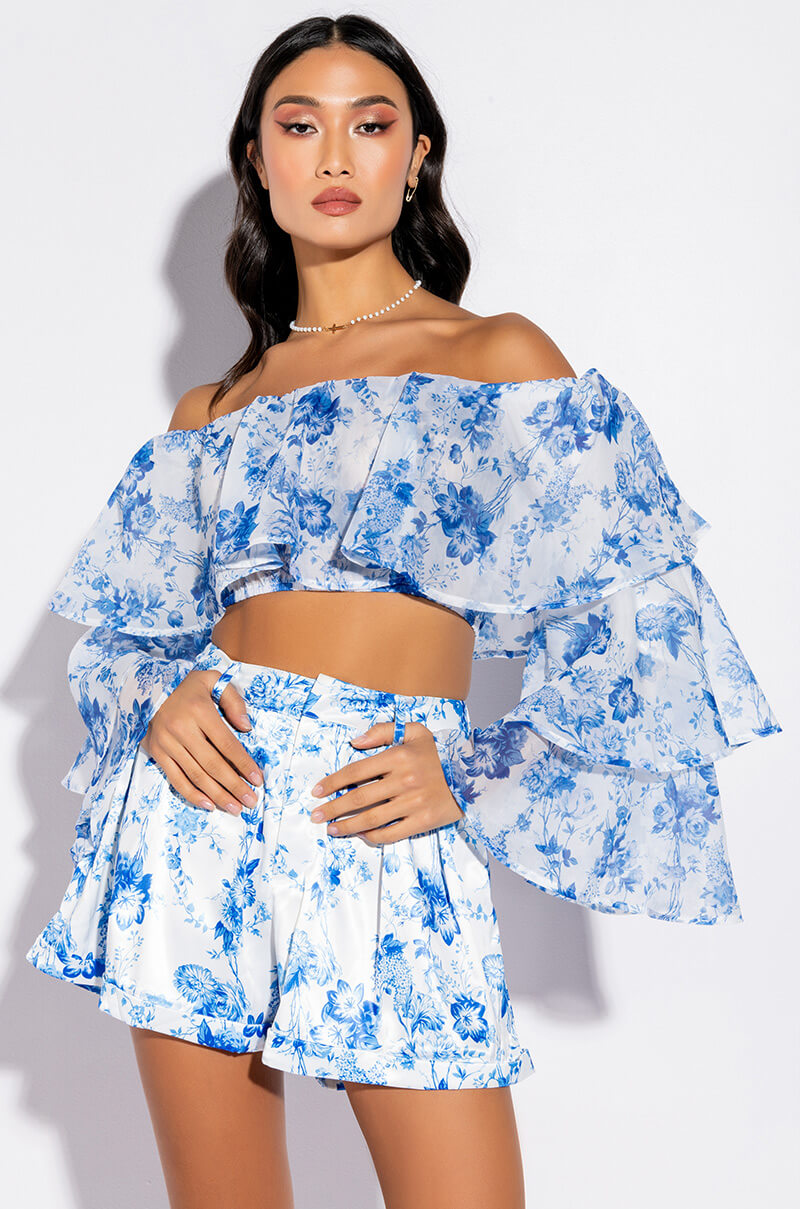 Front View Raise A Glass Ruffle Sleeve Cropped Off The Shoulder Blouse