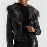 Front View Reach For More Faux Fur Collared Moto Jacket in Black Black Grey