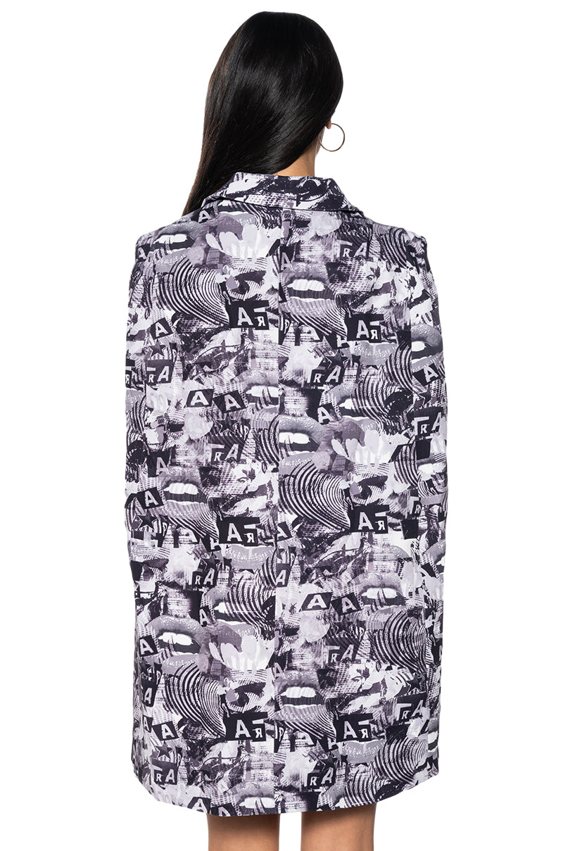 Detail View Read All About It Printed Cape Sleeve Blazer Dress