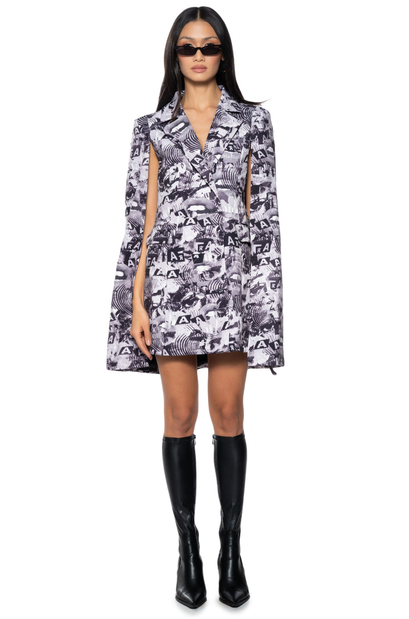 Extra View Read All About It Printed Cape Sleeve Blazer Dress