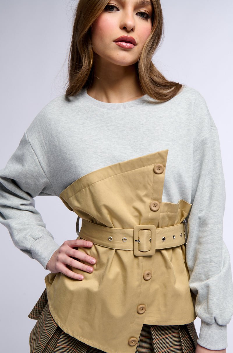 READY FOR ACTION BELTED MIXED MATERIAL SWEATSHIRT view 0