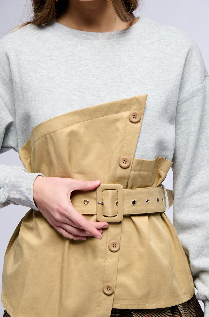 Extra View Ready For Action Belted Mixed Material Sweatshirt