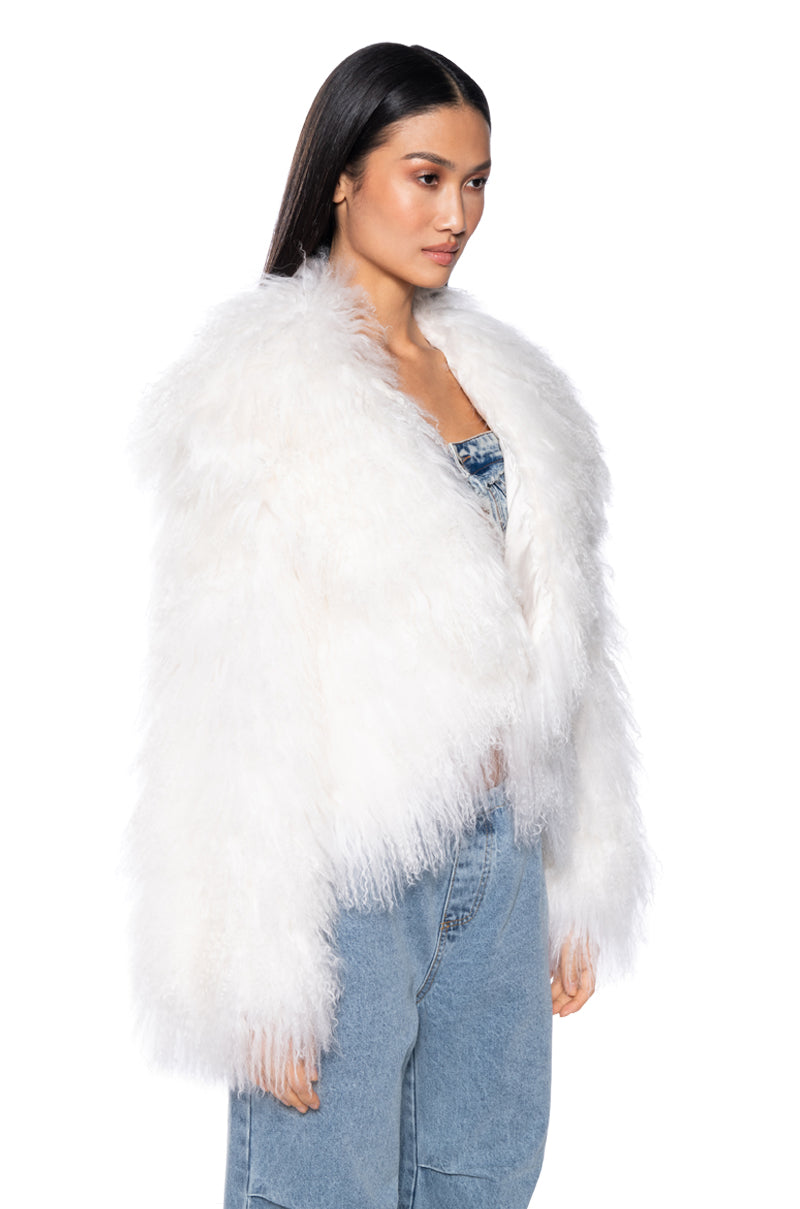 Side View Real Mongolian Fur Crop Jacket