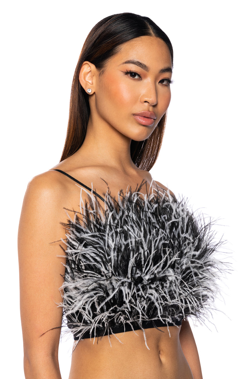 Side View Real Ostrich Feather Crop Mesh Bandeau In Black White