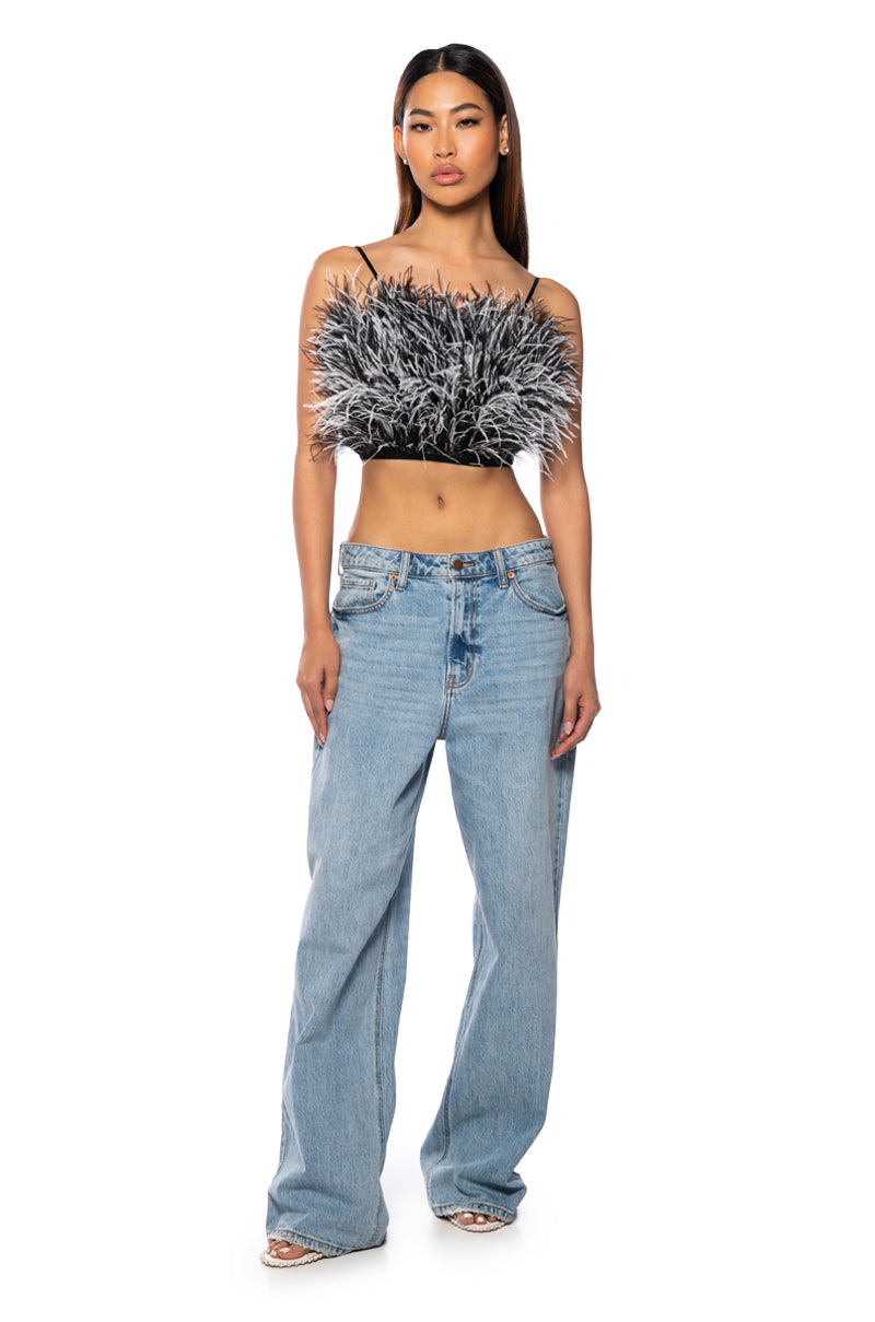 Back View Real Ostrich Feather Crop Mesh Bandeau In Black White