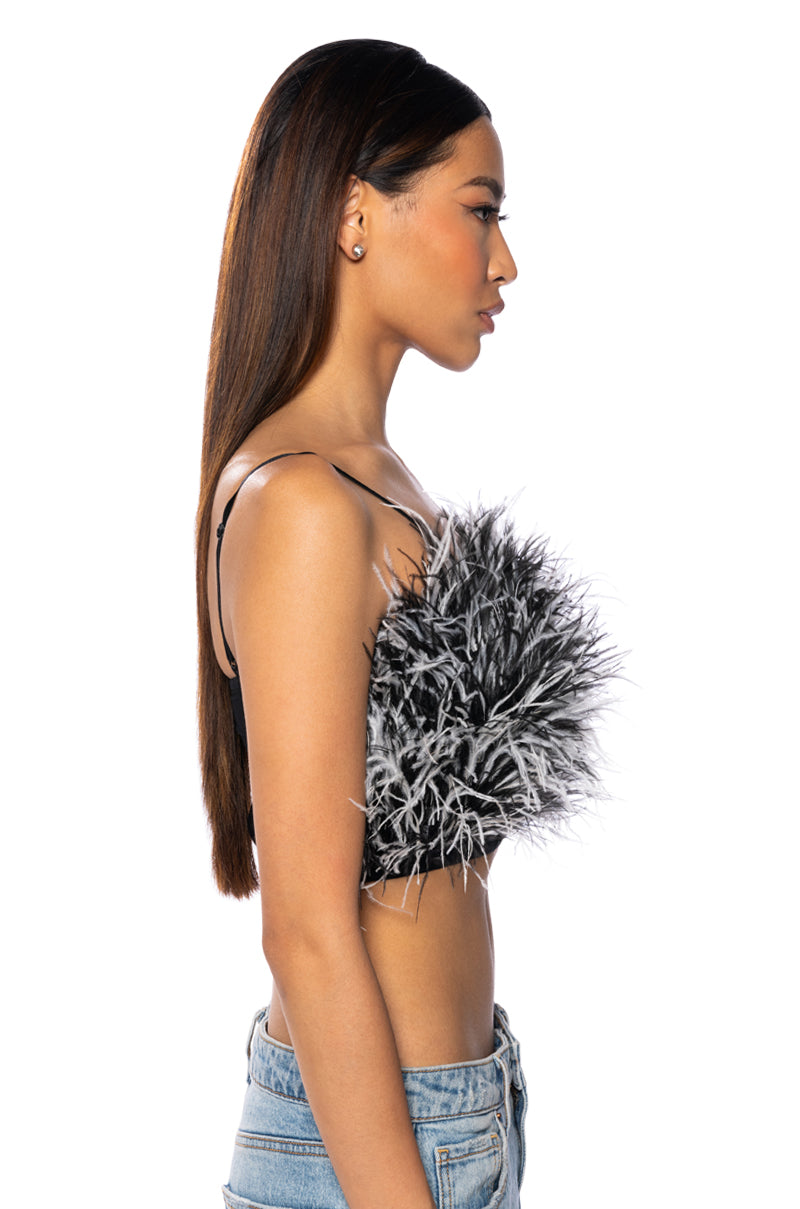 Detail View Real Ostrich Feather Crop Mesh Bandeau In Black White