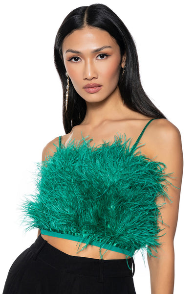 REAL OSTRICH FEATHER CROP TOP IN EMERALD – AKIRA