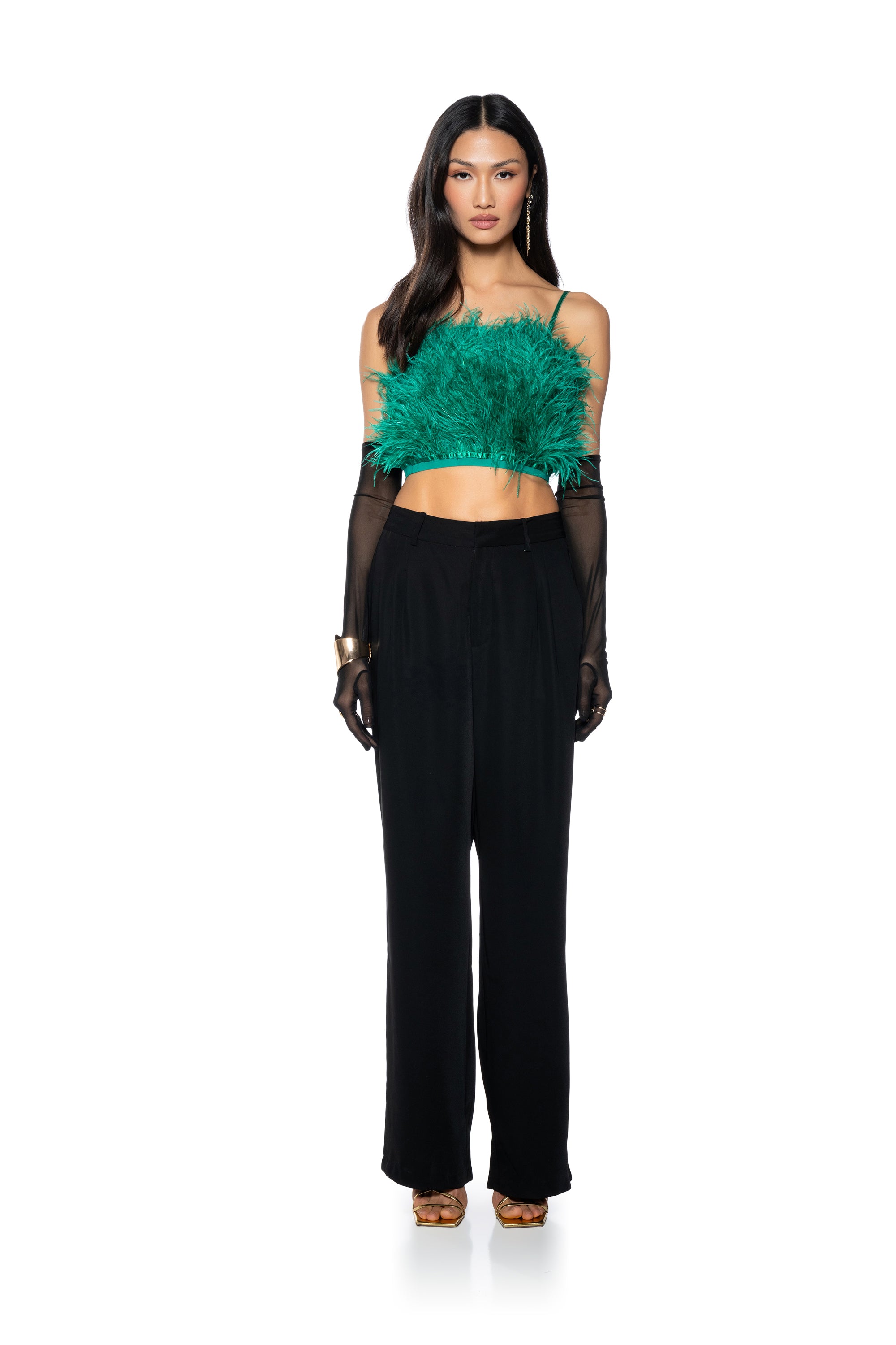 Extra View Real Ostrich Feather Crop Top In Emerald